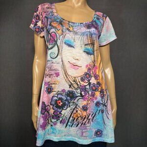 Y2K Graphic Fairy Tunic Top Mini Dress Flowy A line Lace Trim Girl Face Size L